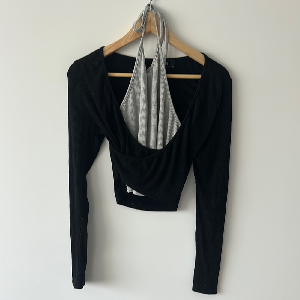 Cider Black and Gray Backless Crop Bodysuit